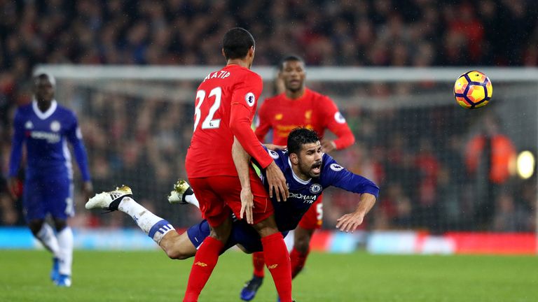 Diego Costa of Chelsea and Joel Matip of Liverpool compete for the ball