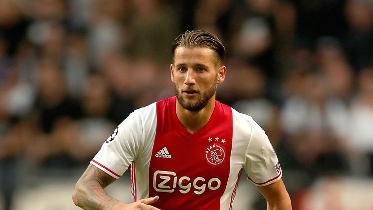 Mitchell Dijks in action for Ajax during the UEFA Champions League Play-off 1st Leg
