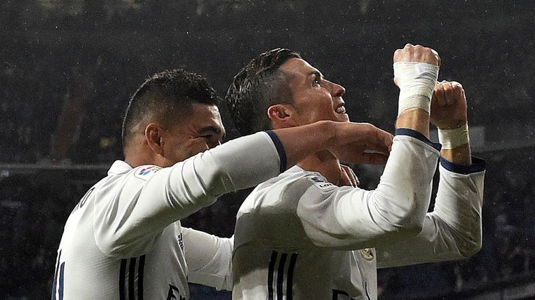 Real Madrid forward Cristiano Ronaldo (left) celebrates a goal with team-mate Casemiro