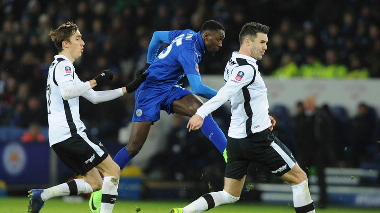 Leicester's Wilfred Ndidi scores against Derby