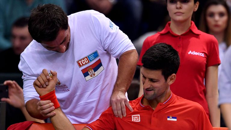 Djokovic needed treatment on his right shoulder during the tie