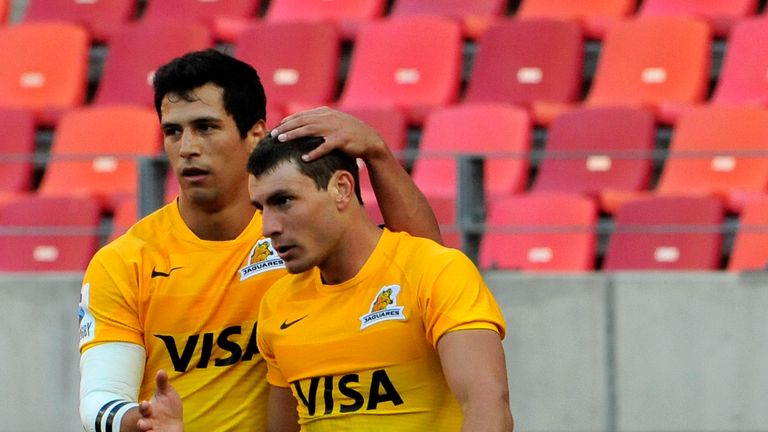 Matias Moroni (left) congratulates Gonzalo Bertranou after his try against the Southern Kings