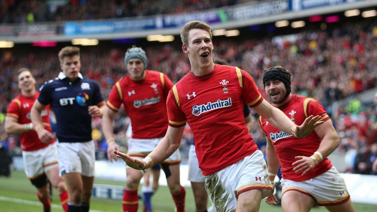 Liam Williams celebrates scoring his first-half try