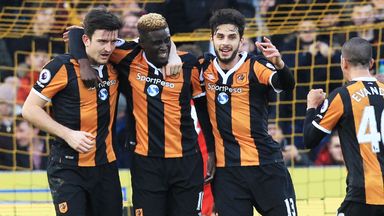 Image of Alfred N'Diaye (centre) celebrates with team-mates after scoring the opening goal against Liverpool for Hull last season