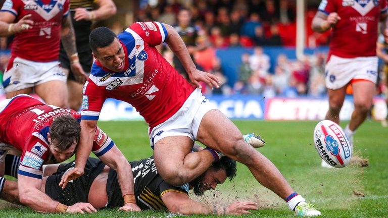 Salford's Ben Murdoch-Masila drops the ball over the line