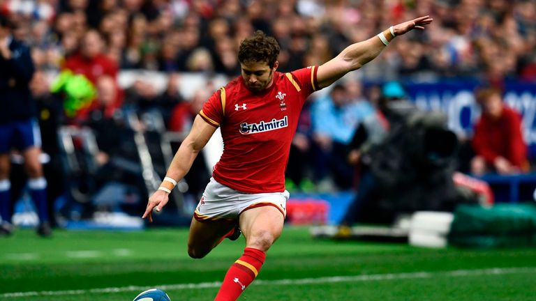 Leigh Halfpenny kicks a penalty against France