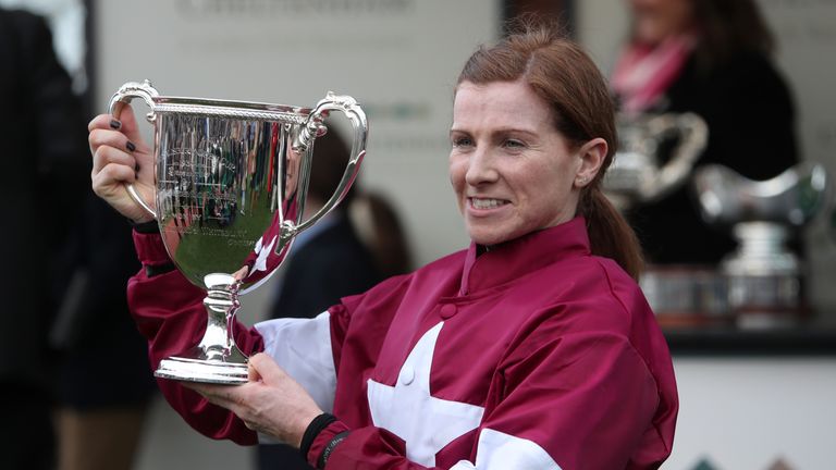 Jockey Lisa O'Neill celebrates her first Cheltenham Festival victory