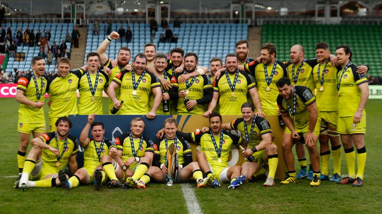 Leicester Tigers celebrate their Anglo-Welsh Cup success