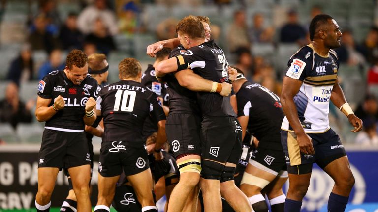 The Sharks celebrate winning the round two Super Rugby match against the Brumbies
