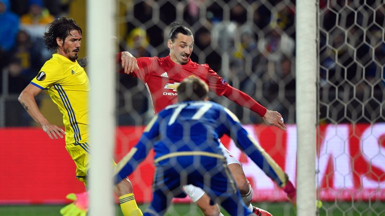 Zlatan Ibrahimovic pulls the ball back for Henrikh Mkhitaryan to fire Man Utd into a 35th-minute lead in Rostov