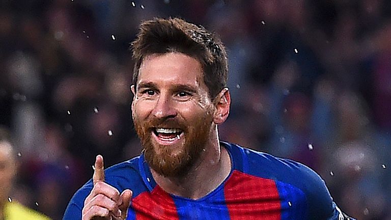 Lionel Messi celebrates after scoring at the Nou Camp