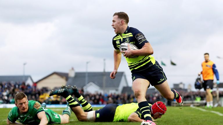 Leinster's Rory O'Loughlin scores a try