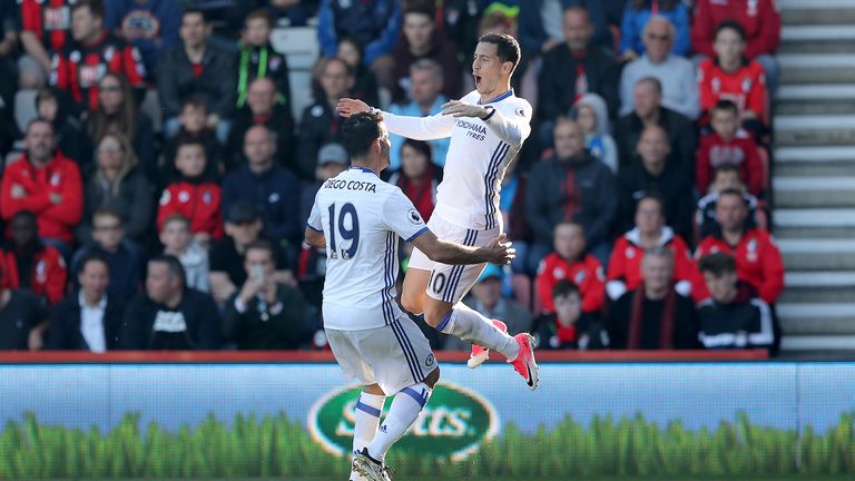 Eden Hazard celebrates with team-mate Diego Costa