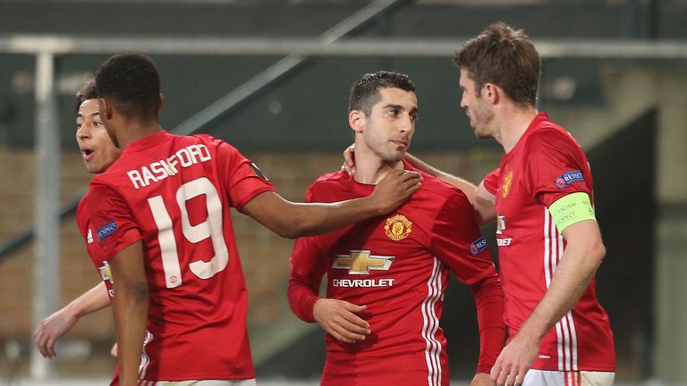 Henrikh Mkhitaryan (centre) scored Manchester United's vital away goal