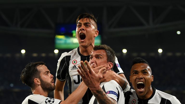 Juventus' Paulo Dybala (top centre) celebrates with Miralem Pjanic, Mario Mandzukic and Alex Sandro