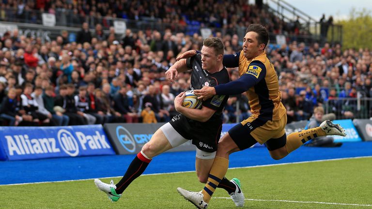 Chris Ashton is tackled by Bristol's Gavin Henson before having a try disallowed