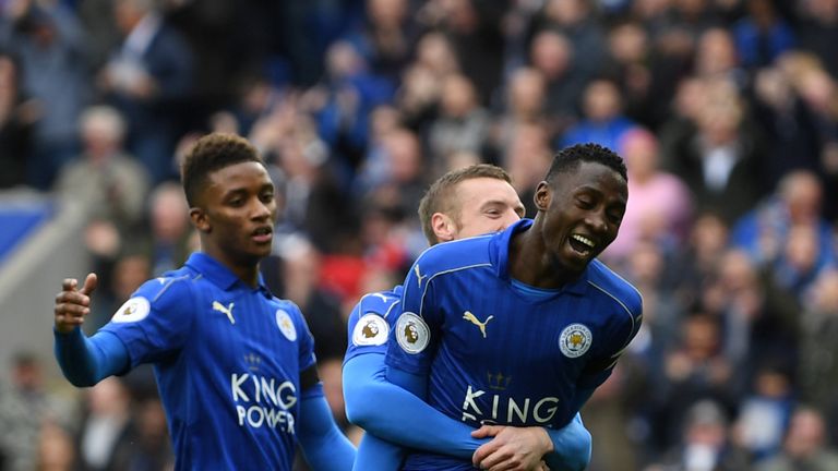 Leicester City midfielder Wilfred Ndidi celebrates after opening the scoring against Stoke