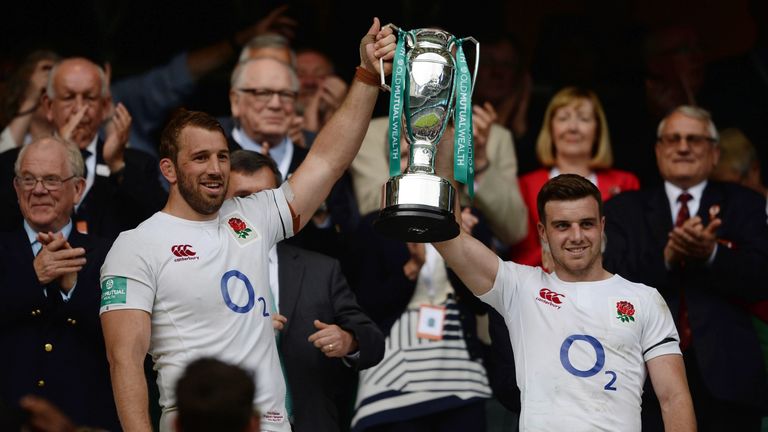 Chris Robshaw and George Ford of England lift the Old Mutual Wealth Cup