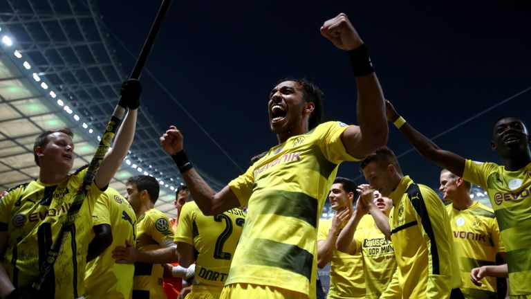 Pierre-Emerick Aubameyang celebrates after Dortmund's German Cup final win