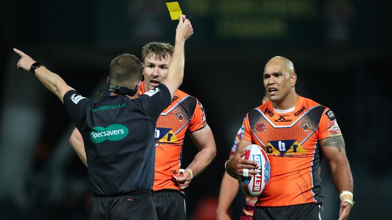 Castleford's Jake Webster (R) is sent to the sin-bin by referee Ben Thaler.