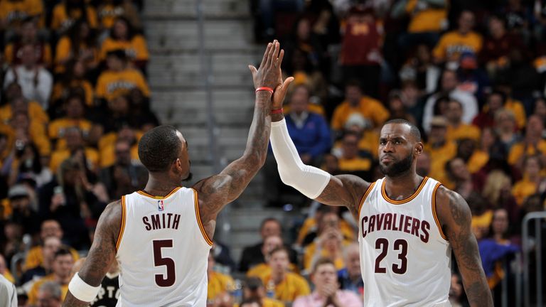 JR Smith (left) and LeBron James celebrate during Game Two of the Eastern Conference Semi-finals against Toronto