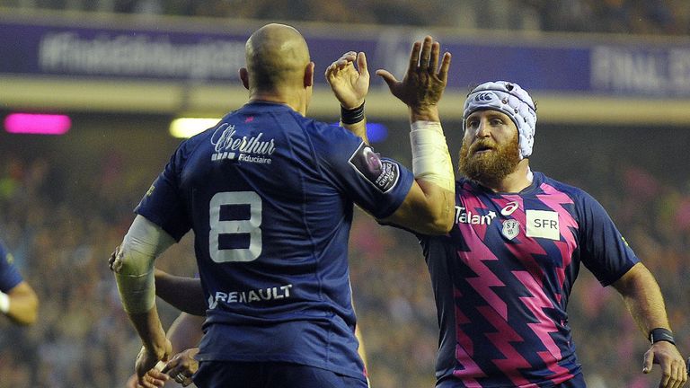 Remi Bonfils (right) congratulates Sergio Parisse after the No 8 scored Stade's first try