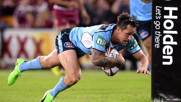 Mitchell Pearce scored the Blues' second try but was forced off with a head knock