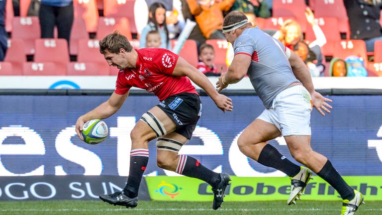 Kwagga Smith of the Lions scores a try against the Southern Kings