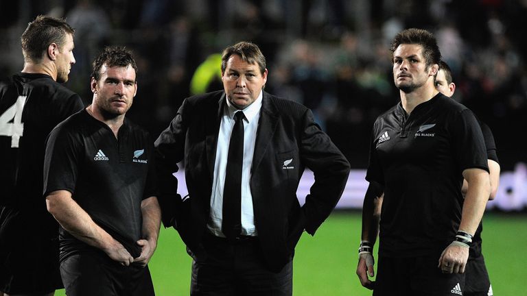 The All Blacks, along with then-assistant coach Steve Hansen, show their dejection after losing to the Springboks in Hamilton in September 2009