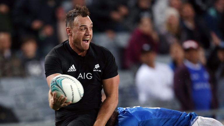 New Zealand's Israel Dagg looks to offload the ball against Samoa