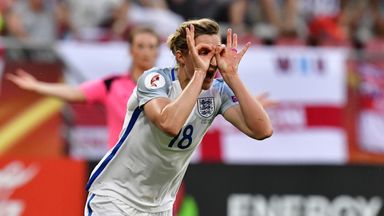 Image of Ellen White celebrates after scoring England's third against Scotland
