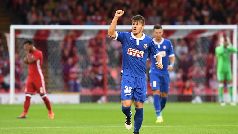 Siroki Brijeg's Stipo Markovic celebrates his goal to make it 1-1