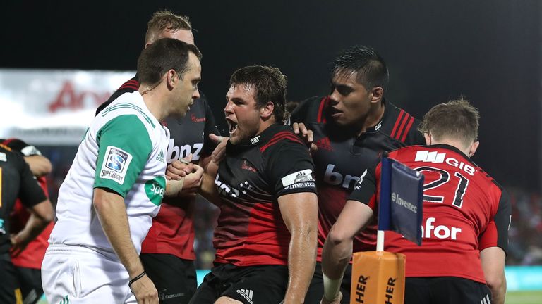 Crusaders' Ben Funnell celebrates his try against the Chiefs earlier in the season