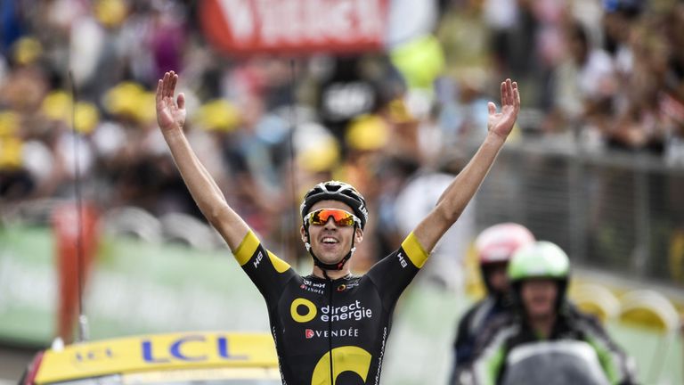 France's Lilian Calmejane celebrates stage eight victory at Station des Rousses