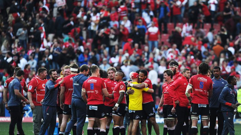 The Lions players celebrate after booking a home Super Rugby final at Ellis Park against the Crusaders next Saturday