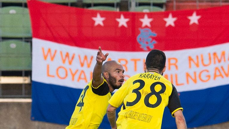 Progres Niederkorn's Emmanuel Francoise (L) celebrates his goal to make it 1-0
