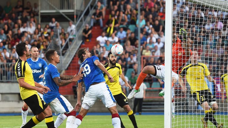 Rangers' Niko Kranjcar (centre) headers the ball off the bar