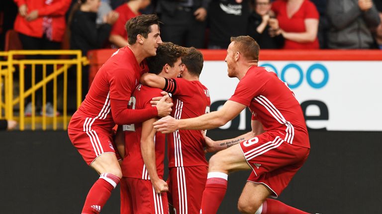 Aberdeen players surround Ryan Christie in celebration of the opening goal