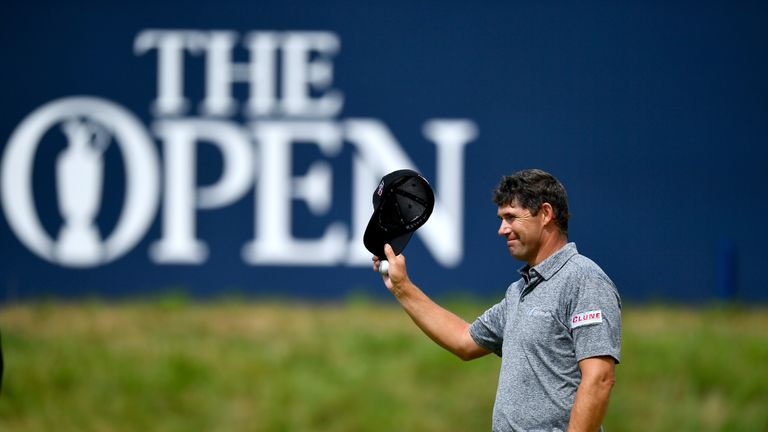 Padraig Harrington of Ireland acknowledges the crowd on the 18th hole at Royal Birkdale