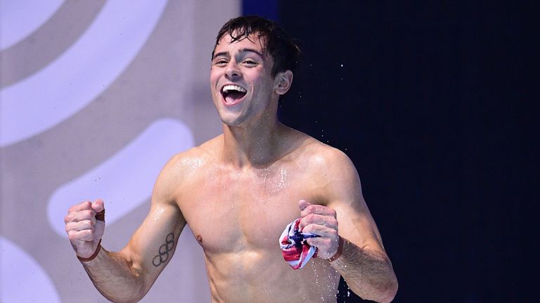 Tom Daley celebrates after winning the Men's 10m platform gold in Budapest