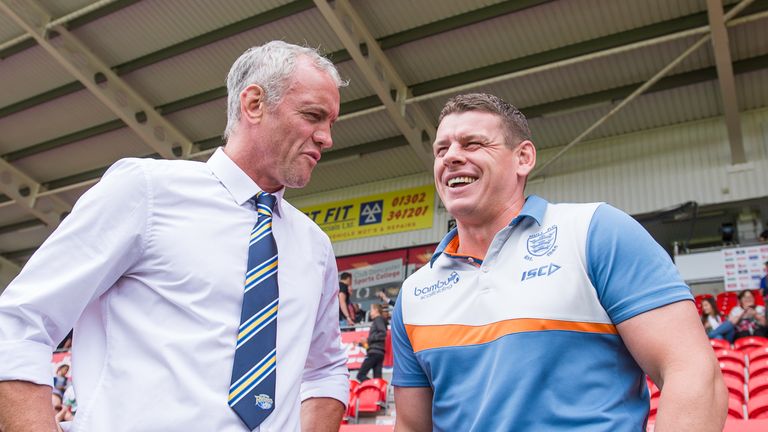 Brian McDermott (L) and Lee Radford share a joke ahead of this year's Challenge Cup semi-final which was won by Hull