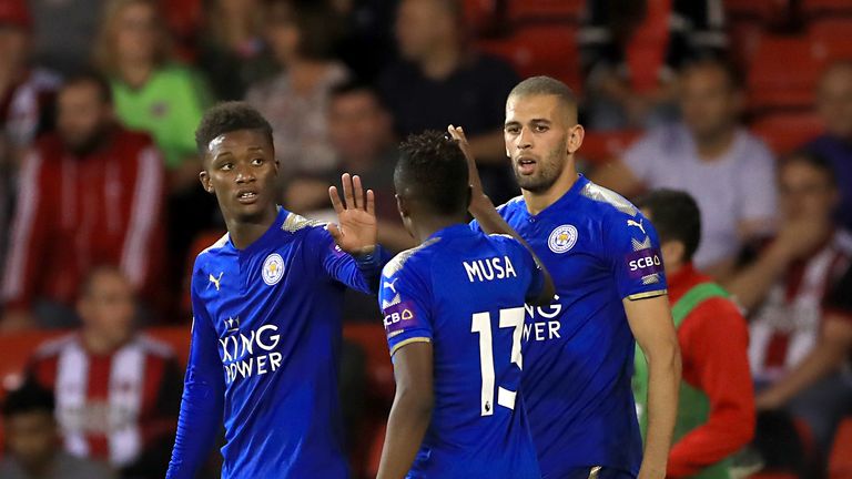 Demarai Gray celebrates scoring Leicester's first goal of the night