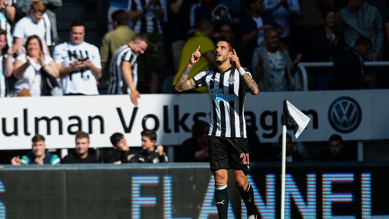 Joselu celebrates scoring the opener against West Ham