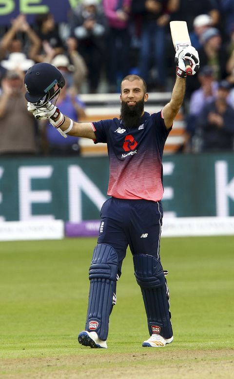 England's Moeen Ali gestures after reaching his century off 53 balls