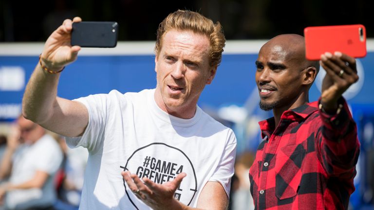 Damian Lewis and Mo Farah before kick-off