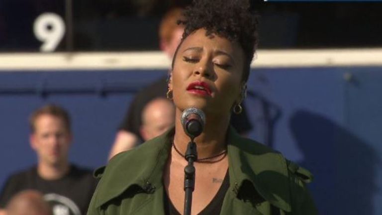 Emile Sande performed at half time with marcus Mumford and Rita Ora