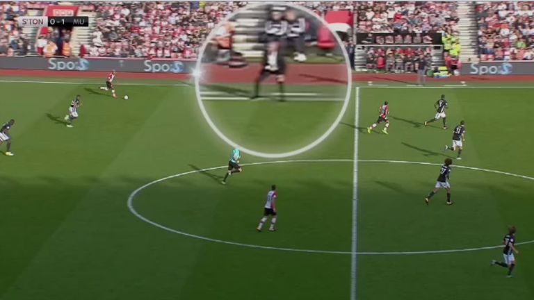 Mourinho (circled) steps onto the playing surface at St Mary's
