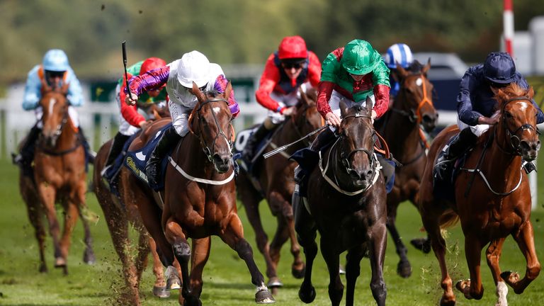 Laurens (white cap) wins the William Hill May Hill Stakes