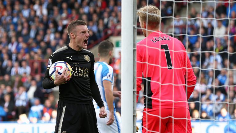 Jamie Vardy scored from the spot against Huddersfield but then missed against Liverpool