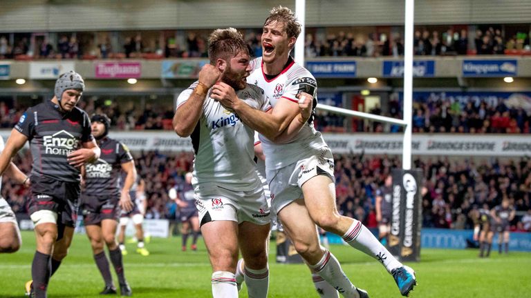 Andrew Trimble congratulates John Andrew after the replacement scored Ulster's second try